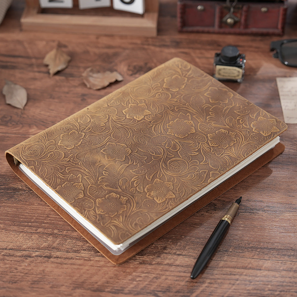 A5 Embossed Leather Notebook – Vintage Refillable Journal with Thick Pages