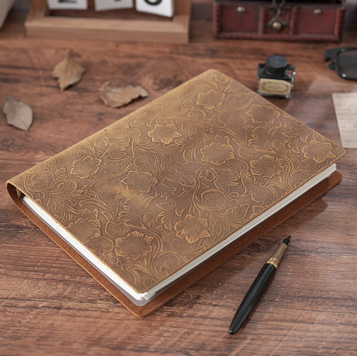 A5 Embossed Leather Notebook – Vintage Refillable Journal with Thick Pages