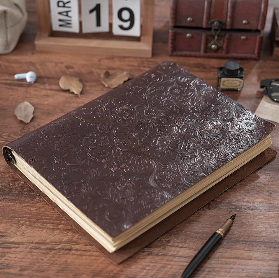 A5 Embossed Leather Notebook – Vintage Refillable Journal with Thick Pages