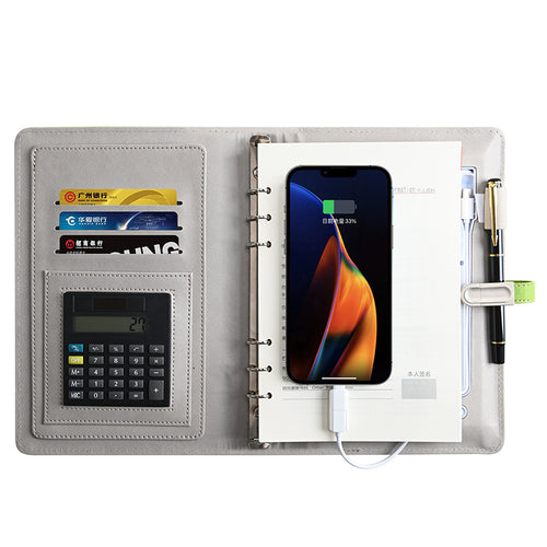 A5 Leather Smart Notebook with Power Bank & USB Charging, Business Organizer, Customizable Logo
