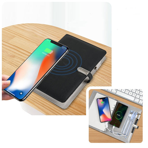 A5 Leather Smart Notebook with Power Bank & USB Charging, Business Organizer, Customizable Logo
