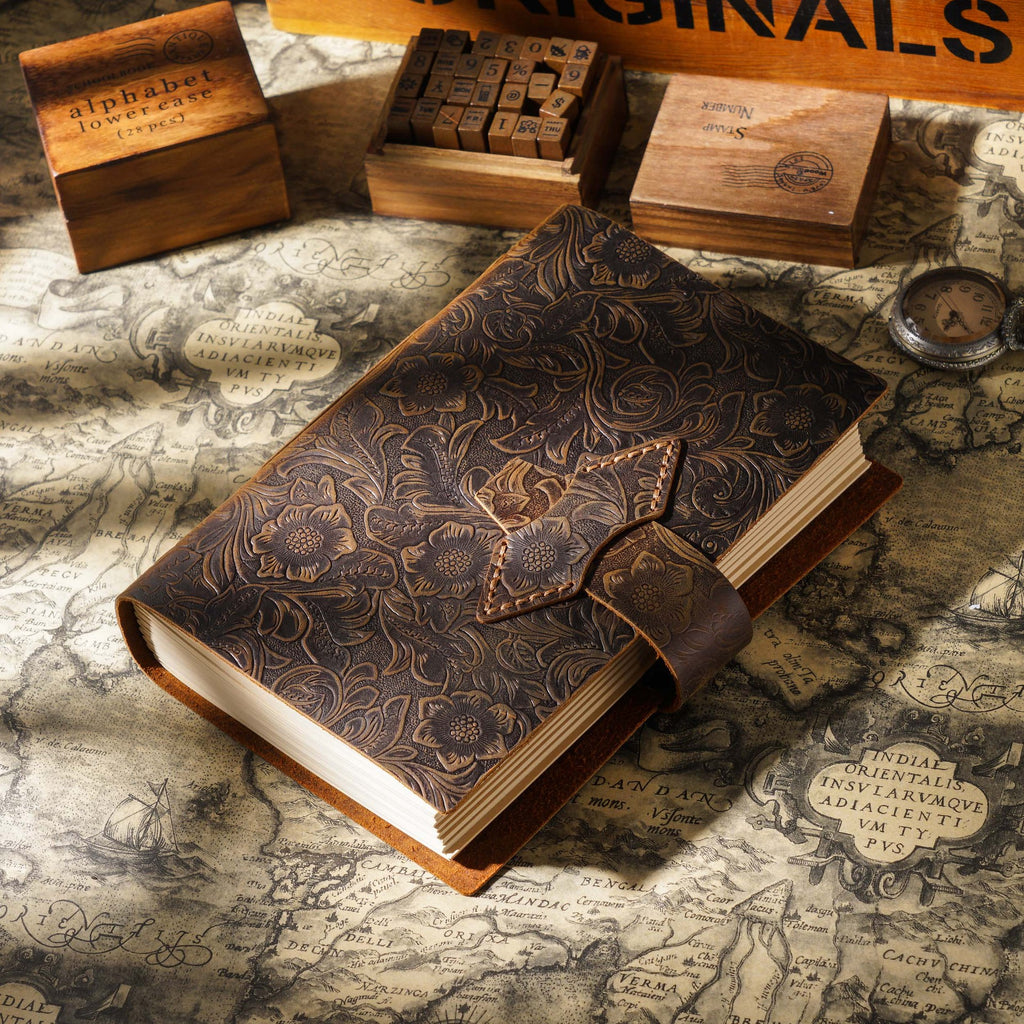 Handmade Full-Grain Leather A5 Note Book – Vintage Embossed Journal with Kraft Paper