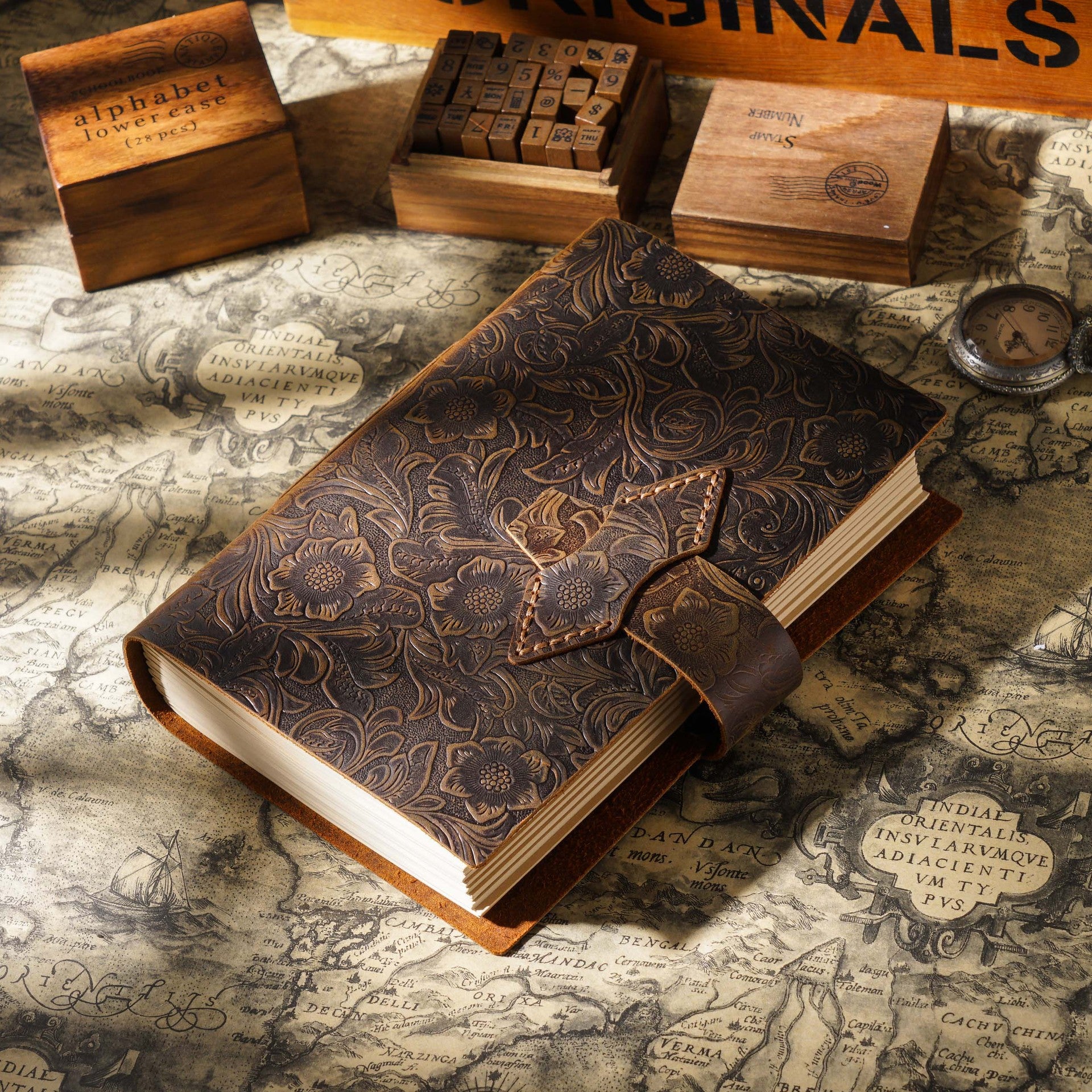 Handmade Full-Grain Leather A5 Note Book – Vintage Embossed Journal with Kraft Paper