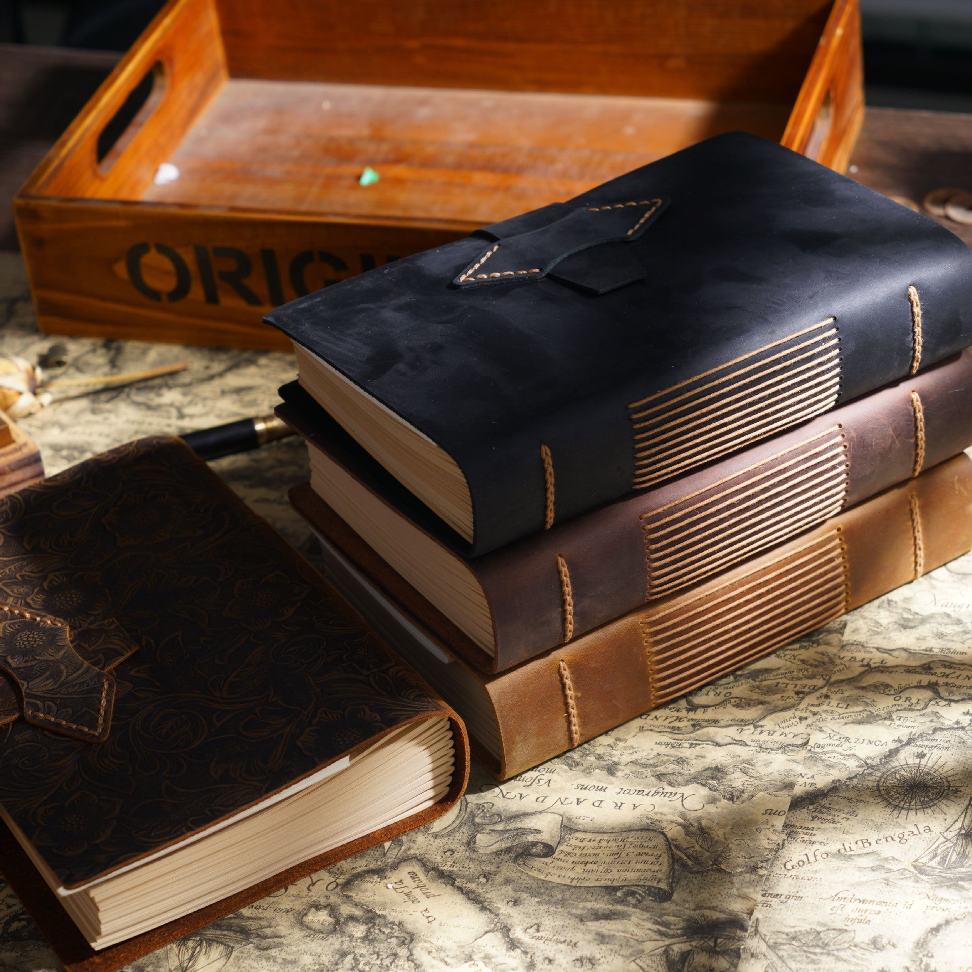 Handmade Full-Grain Leather A5 Note Book – Vintage Embossed Journal with Kraft Paper