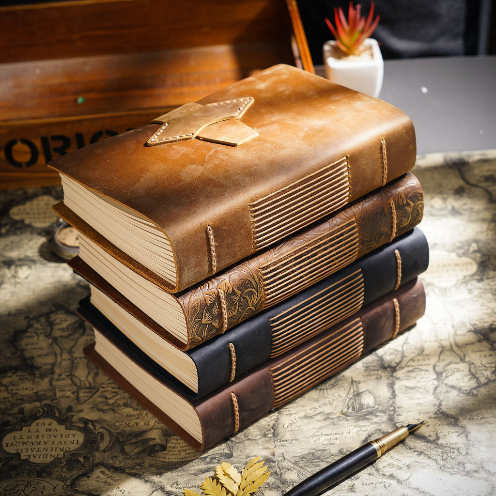 Handmade Full-Grain Leather A5 Note Book – Vintage Embossed Journal with Kraft Paper