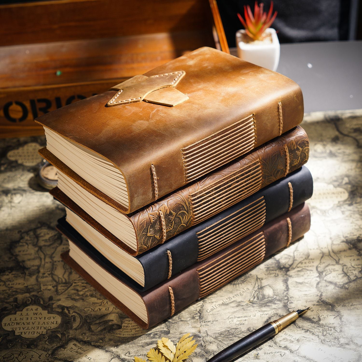 Handmade Full-Grain Leather A5 Note Book – Vintage Embossed Journal with Kraft Paper