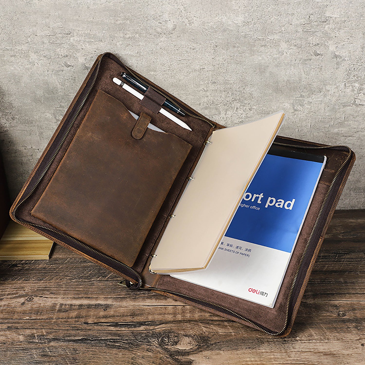 Vintage Leather A4 Notebook Cover – Full Grain Leather 4-Ring Binder with Pen Holder, Multi-Function Portfolio for iPad 11 Inch and Documents