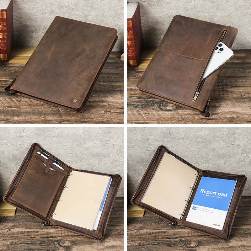 Vintage Leather A4 Notebook Cover – Full Grain Leather 4-Ring Binder with Pen Holder, Multi-Function Portfolio for iPad 11 Inch and Documents