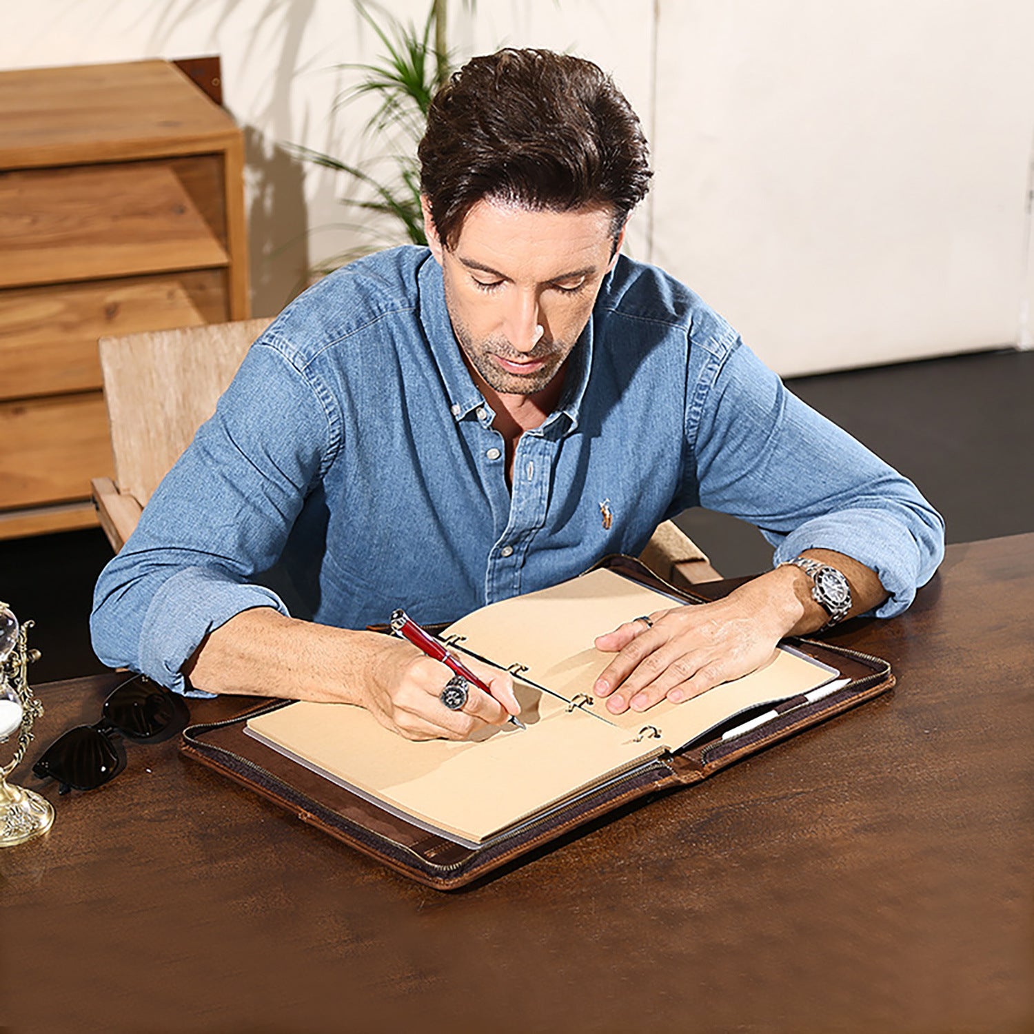 Vintage Leather A4 Notebook Cover – Full Grain Leather 4-Ring Binder with Pen Holder, Multi-Function Portfolio for iPad 11 Inch and Documents