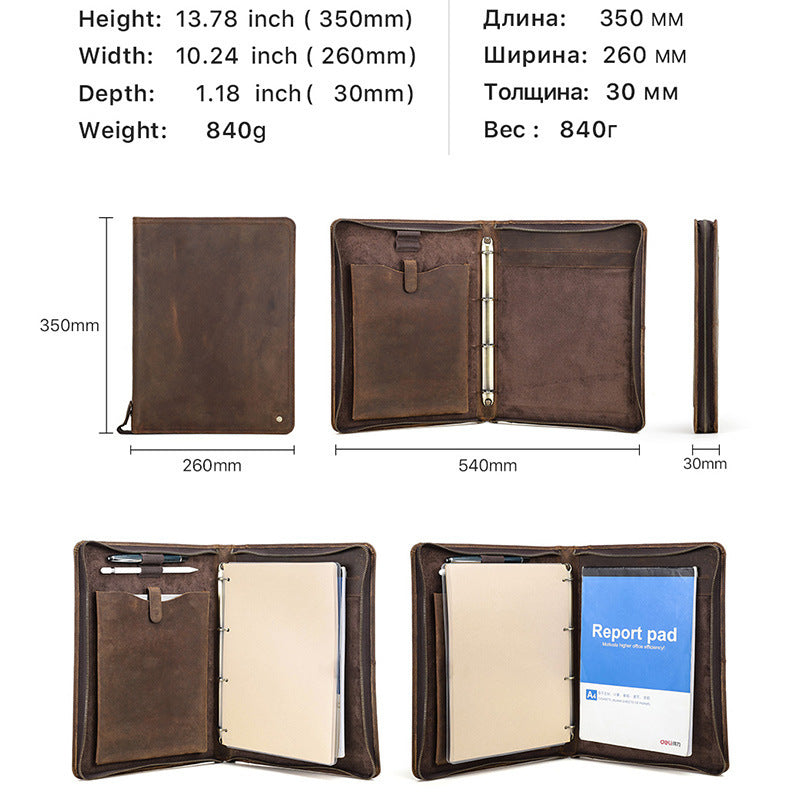 Vintage Leather A4 Notebook Cover – Full Grain Leather 4-Ring Binder with Pen Holder, Multi-Function Portfolio for iPad 11 Inch and Documents