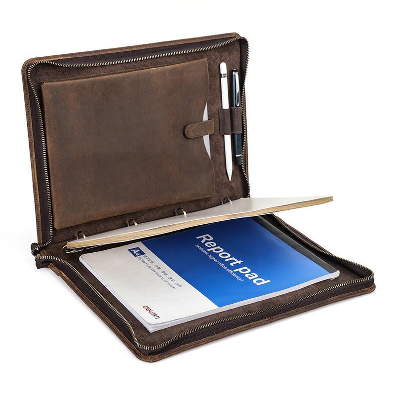 Vintage Leather A4 Notebook Cover – Full Grain Leather 4-Ring Binder with Pen Holder, Multi-Function Portfolio for iPad 11 Inch and Documents