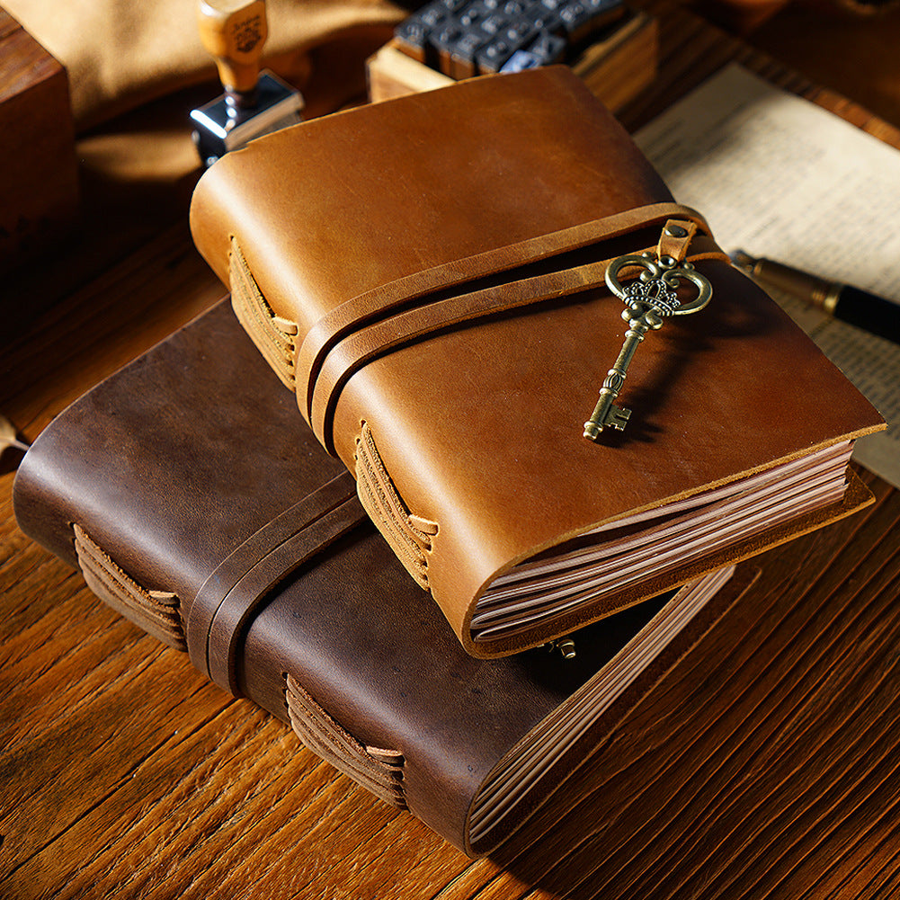 Handmade Vintage Leather Notebook – Refillable Travel Journal with Key Charm
