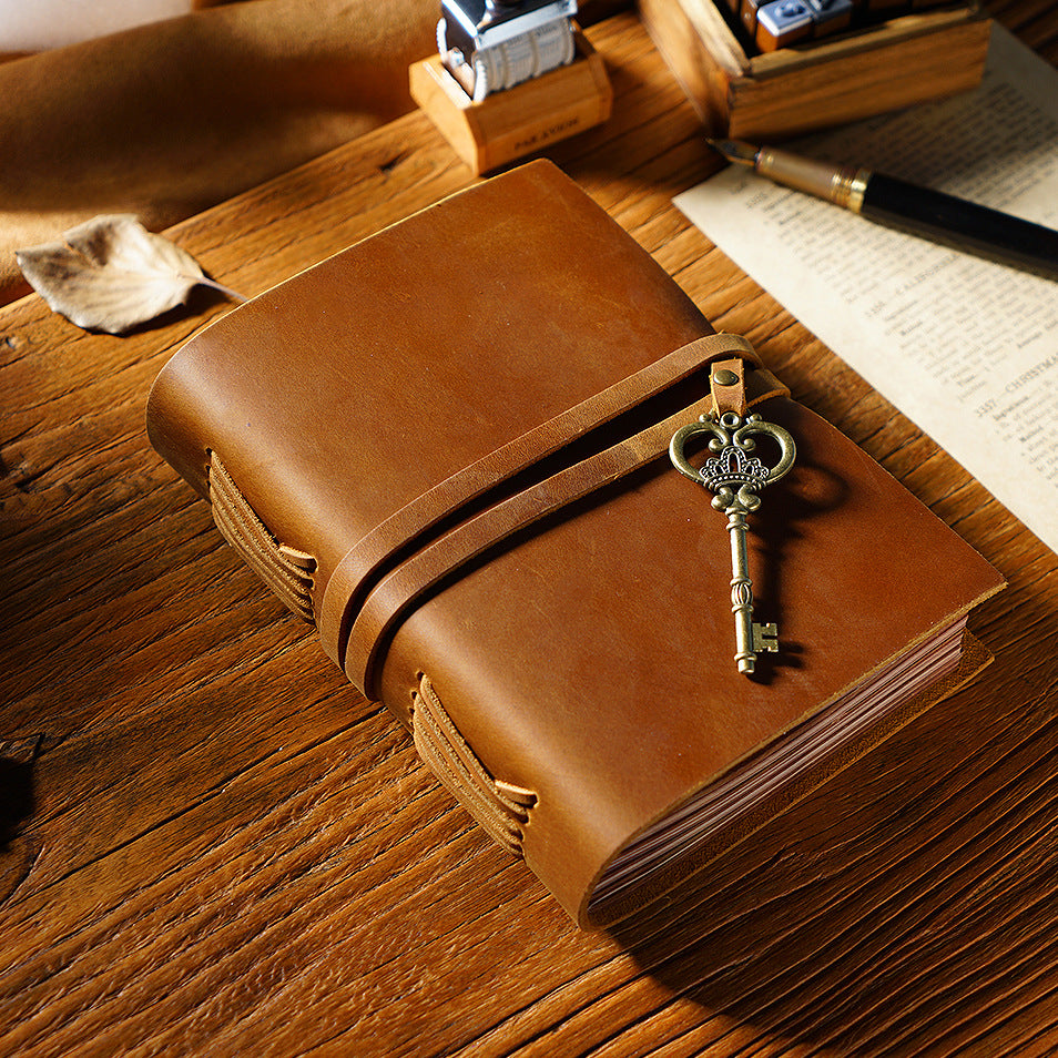 Handmade Vintage Leather Notebook – Refillable Travel Journal with Key Charm