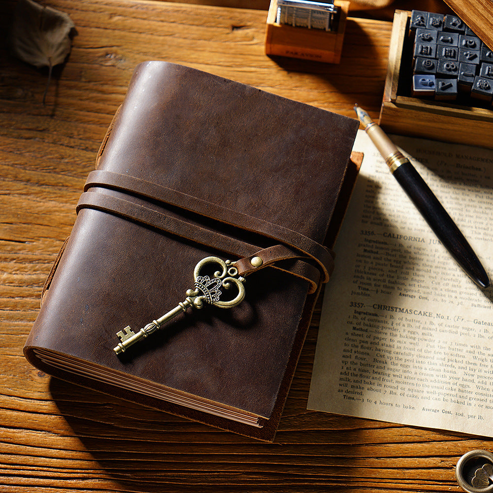 Handmade Vintage Leather Notebook – Refillable Travel Journal with Key Charm