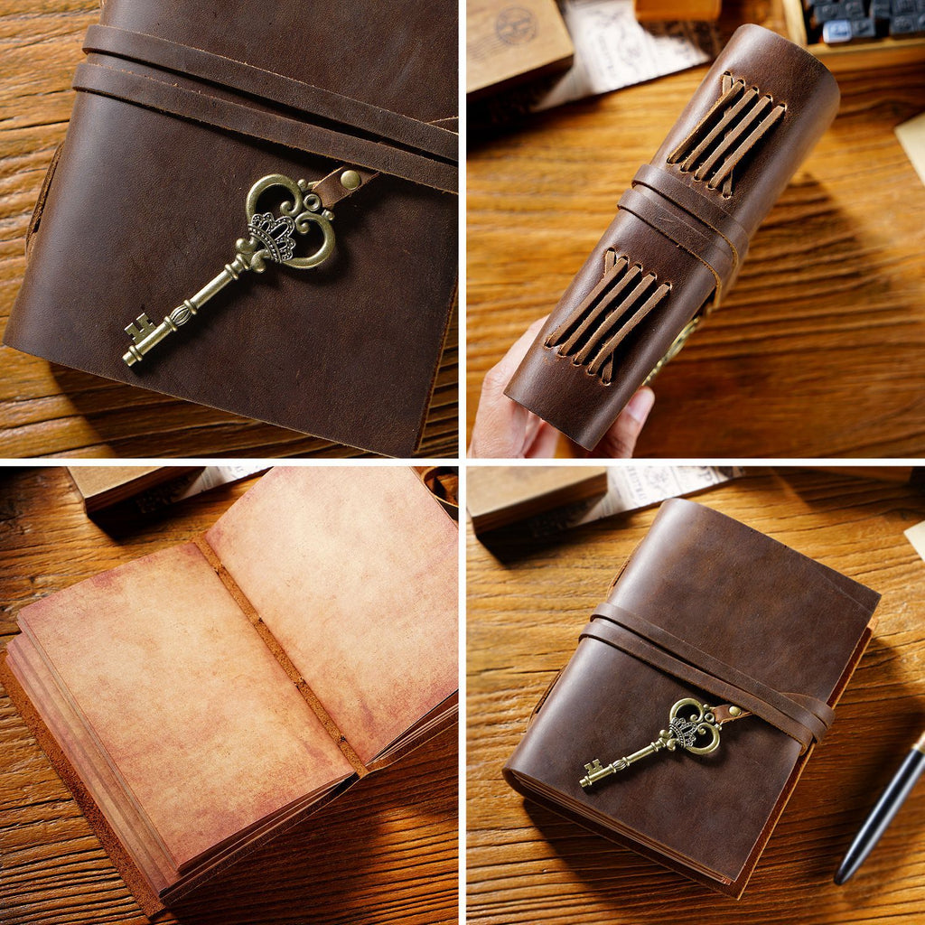 Handmade Vintage Leather Notebook – Refillable Travel Journal with Key Charm