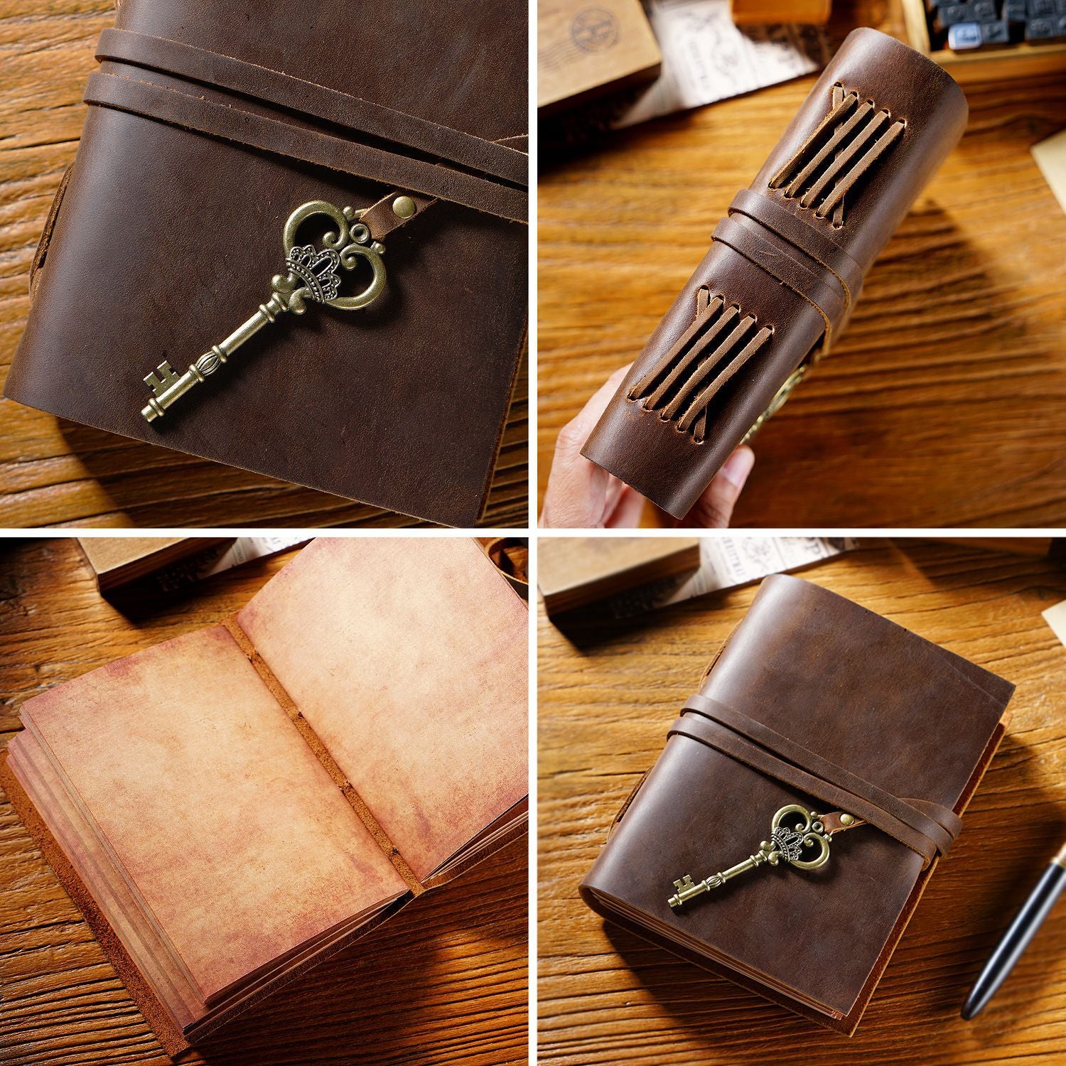 Handmade Vintage Leather Notebook – Refillable Travel Journal with Key Charm