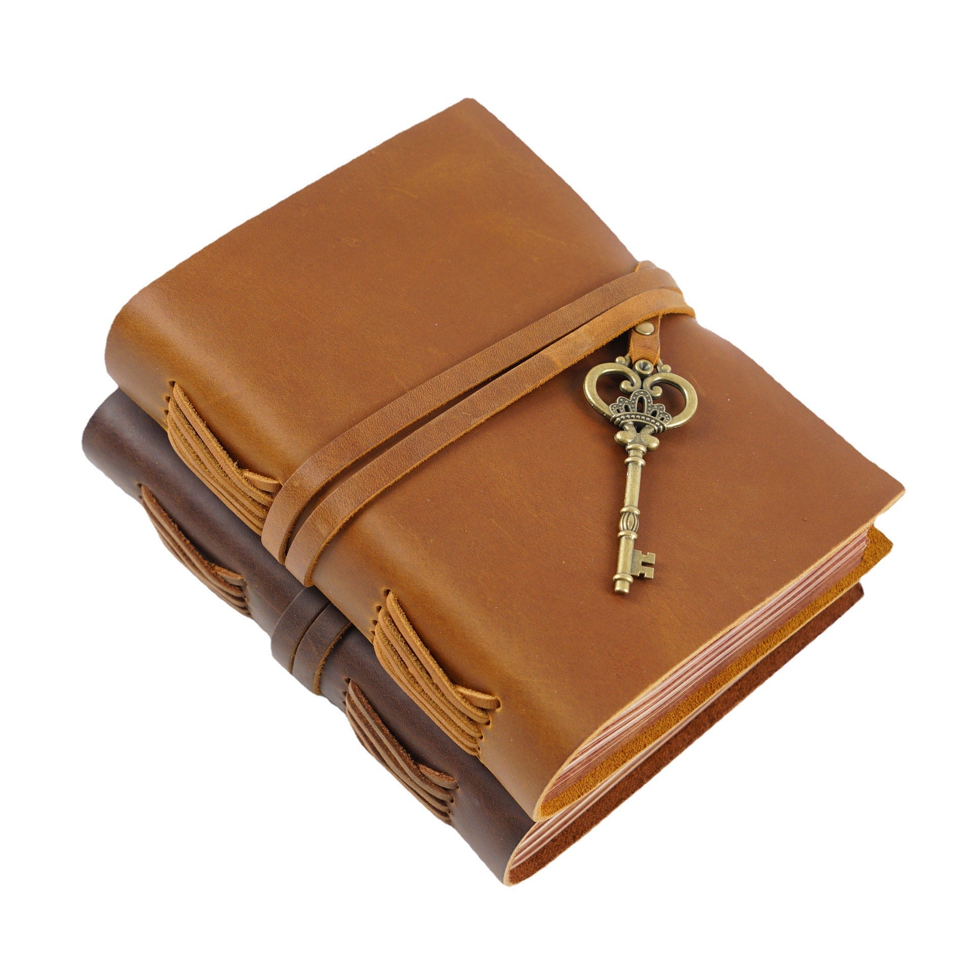 Handmade Vintage Leather Notebook – Refillable Travel Journal with Key Charm