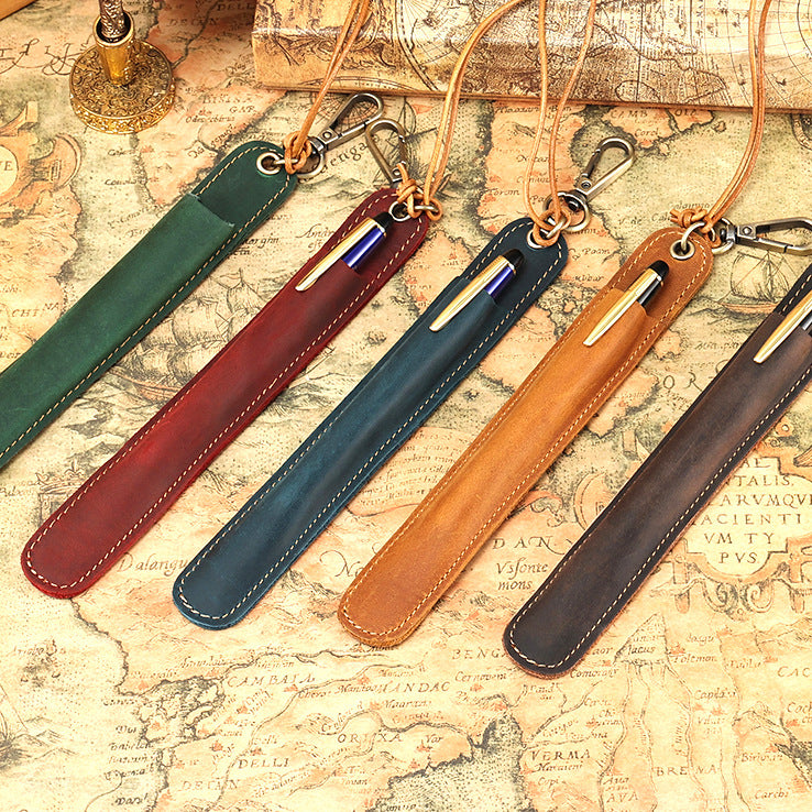 Vintage Leather Pen Cover – Handmade Full Grain Leather Pen Pouch with Neck Strap, Waist Clip Holder for Fountain Pen and Writing Tools