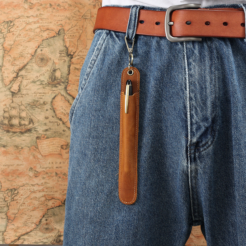 Vintage Leather Pen Cover – Handmade Full Grain Leather Pen Pouch with Neck Strap, Waist Clip Holder for Fountain Pen and Writing Tools