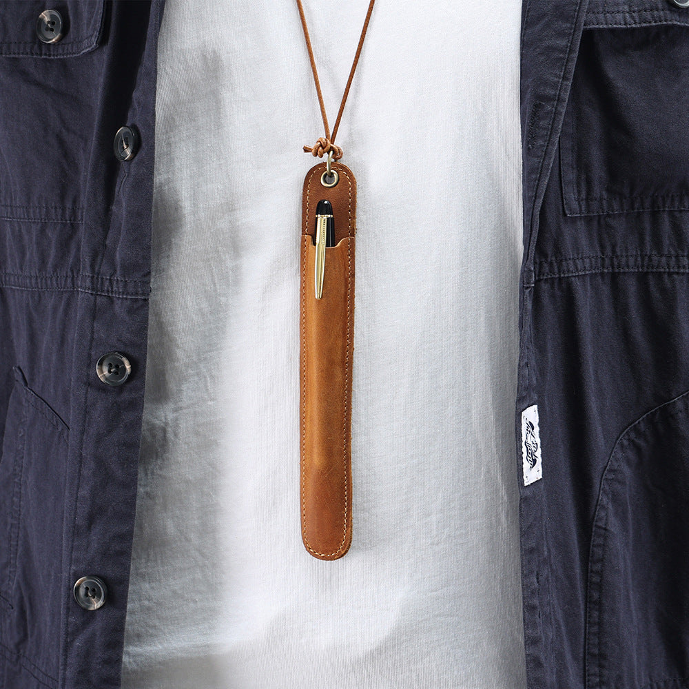 Vintage Leather Pen Cover – Handmade Full Grain Leather Pen Pouch with Neck Strap, Waist Clip Holder for Fountain Pen and Writing Tools