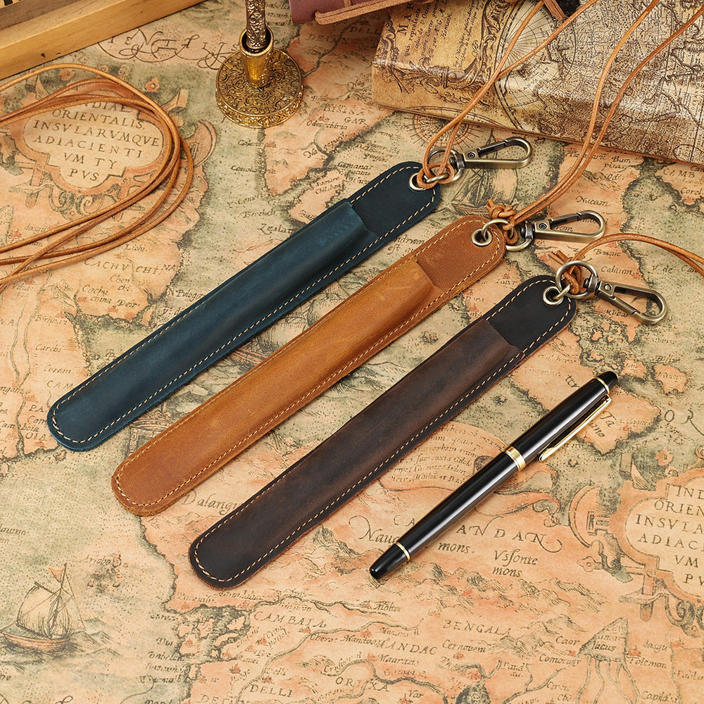 Vintage Leather Pen Cover – Handmade Full Grain Leather Pen Pouch with Neck Strap, Waist Clip Holder for Fountain Pen and Writing Tools