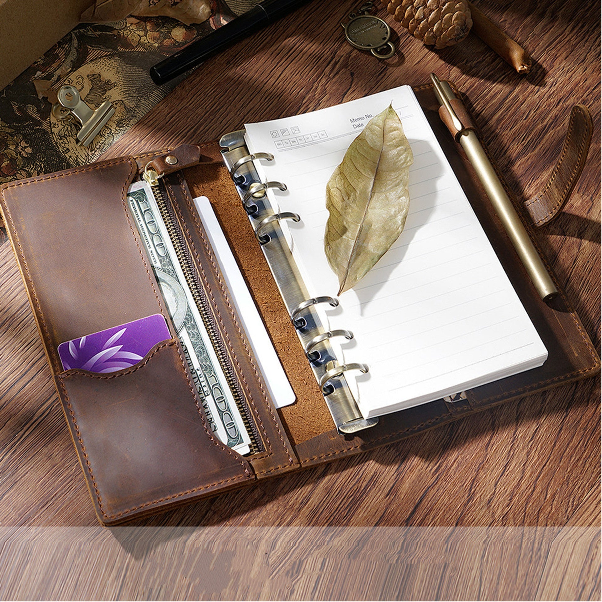 Multi-functional Leather Binder Notebook – Travel Journal with Zipper and Vintage Design A5