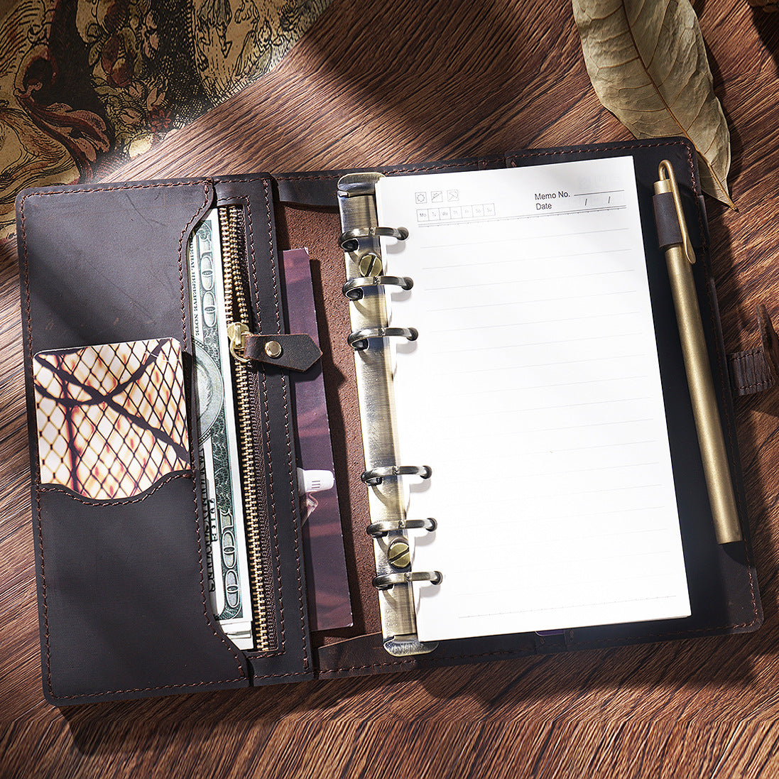 Multi-functional Leather Binder Notebook – Travel Journal with Zipper and Vintage Design A6