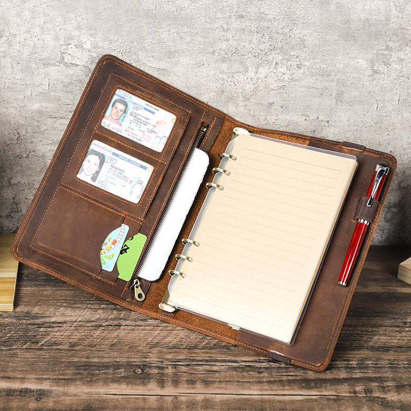 Vintage Crazy Horse Leather A5 Note Book Cover – Refillable 6-Ring Binder with Card Slots and Pen Holder