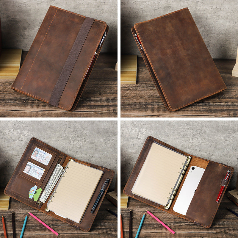 Vintage Crazy Horse Leather A5 Note Book Cover – Refillable 6-Ring Binder with Card Slots and Pen Holder