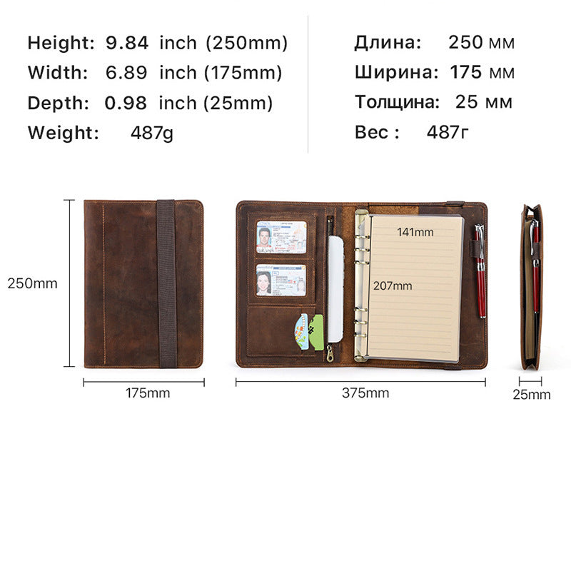 Vintage Crazy Horse Leather A5 Note Book Cover – Refillable 6-Ring Binder with Card Slots and Pen Holder