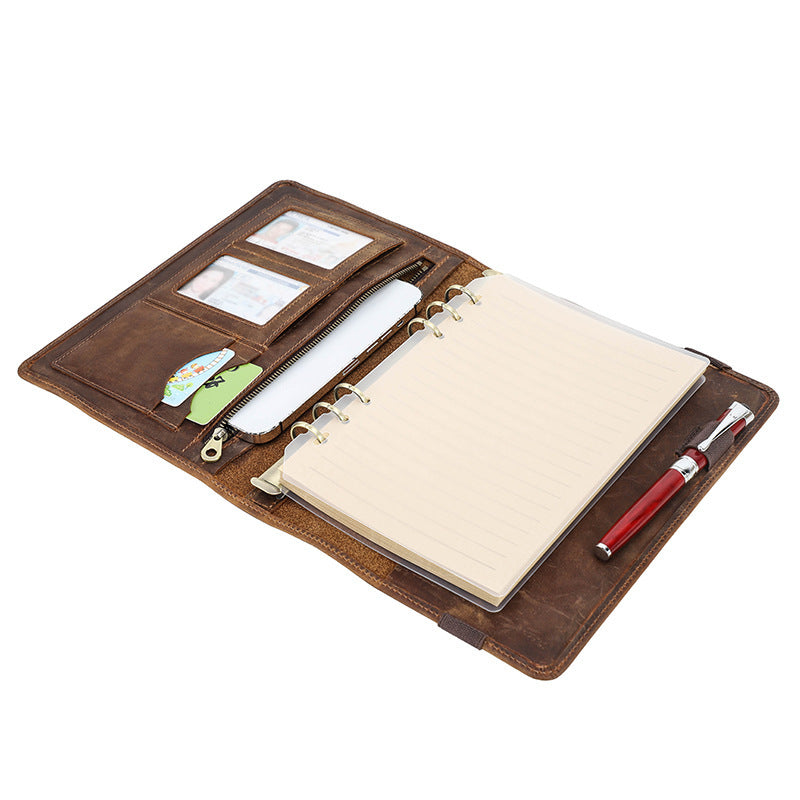 Vintage Crazy Horse Leather A5 Note Book Cover – Refillable 6-Ring Binder with Card Slots and Pen Holder