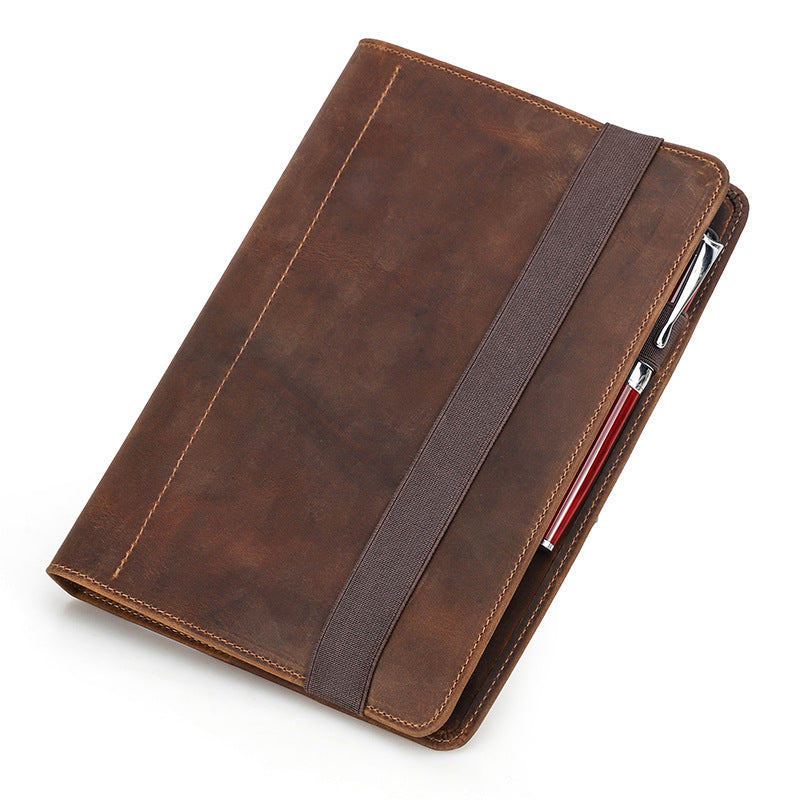 Vintage Crazy Horse Leather A5 Note Book Cover – Refillable 6-Ring Binder with Card Slots and Pen Holder