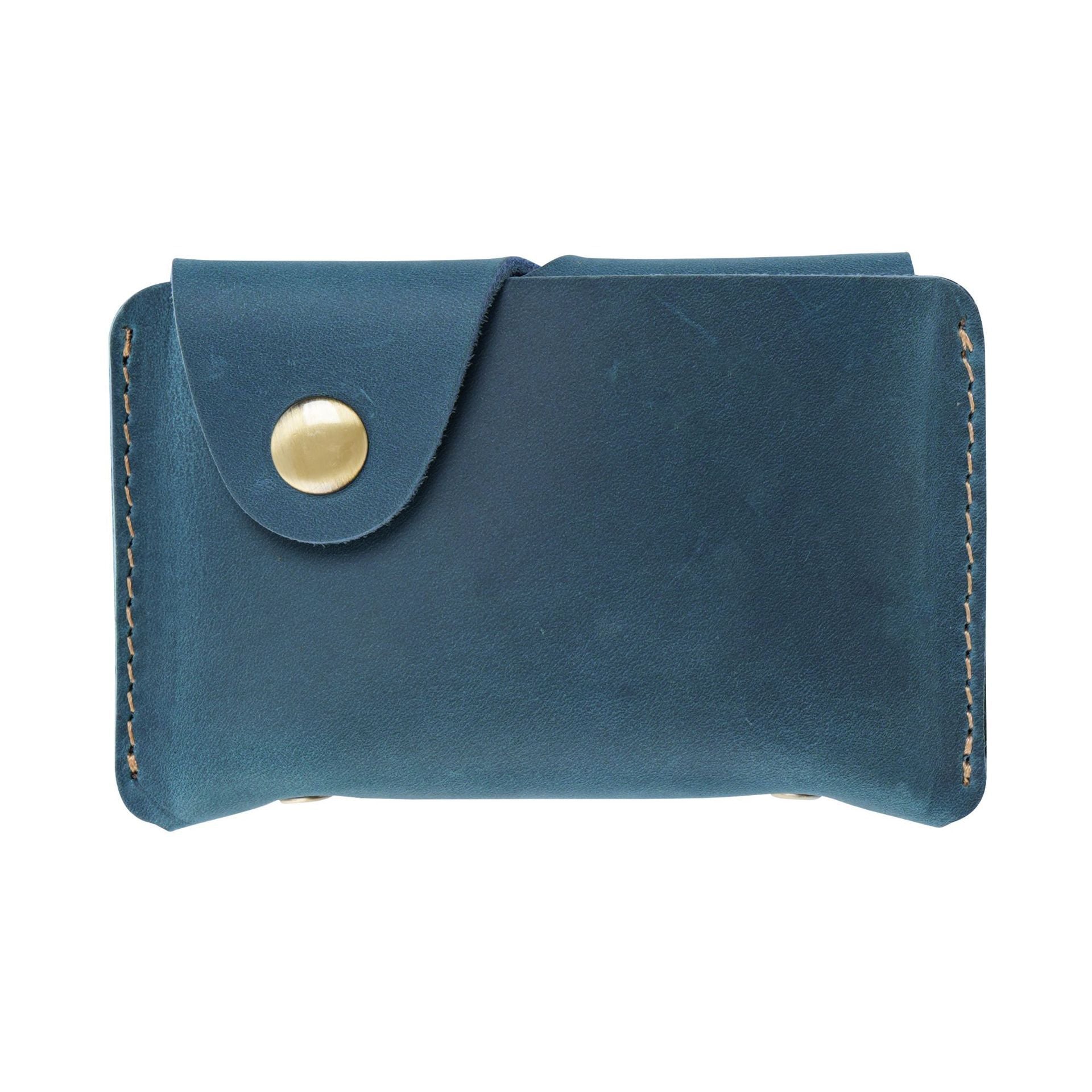 Vintage Crazy Horse Leather Card Holder – Handmade Minimalist Wallet with Snap Closure for Cards & Coins