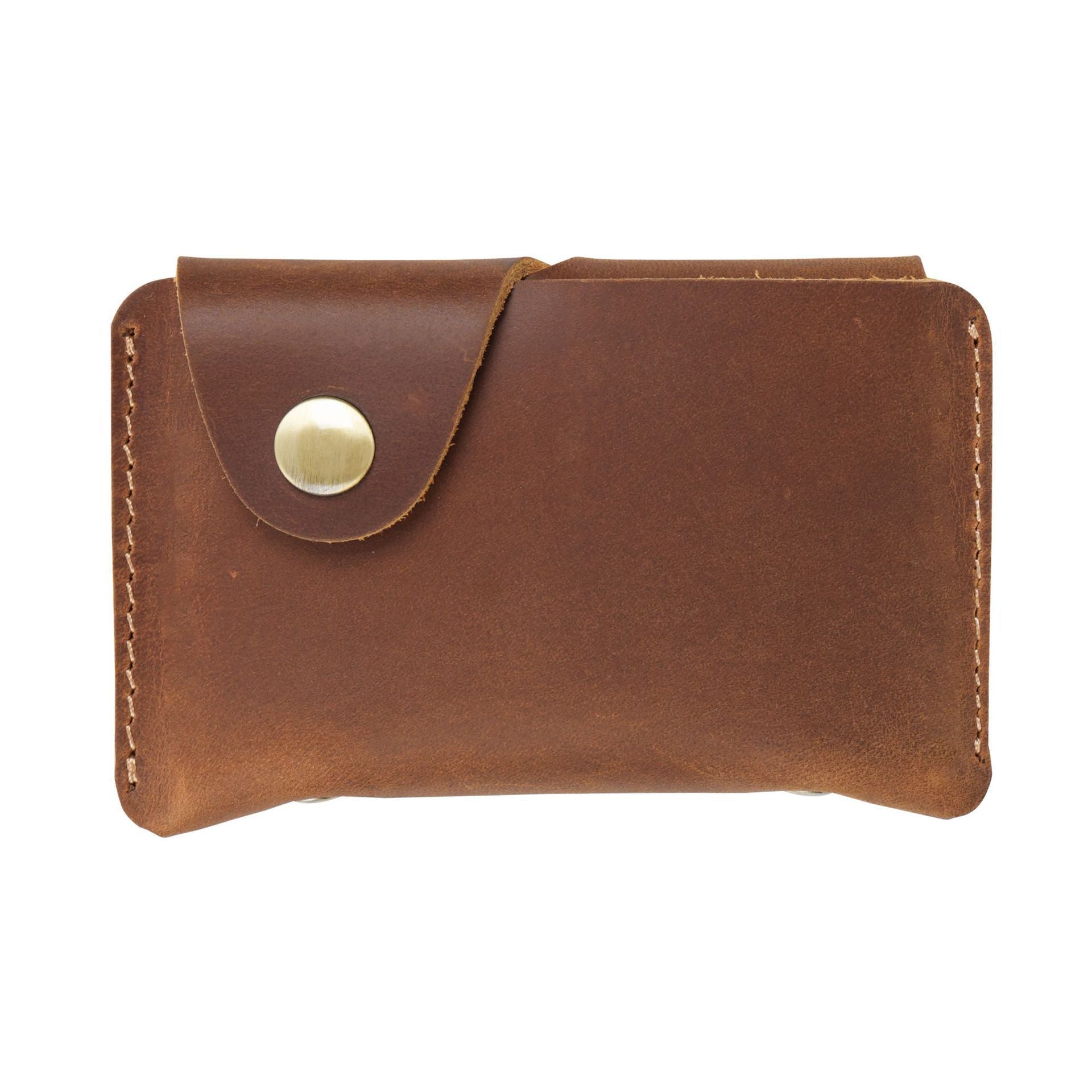 Vintage Crazy Horse Leather Card Holder – Handmade Minimalist Wallet with Snap Closure for Cards & Coins
