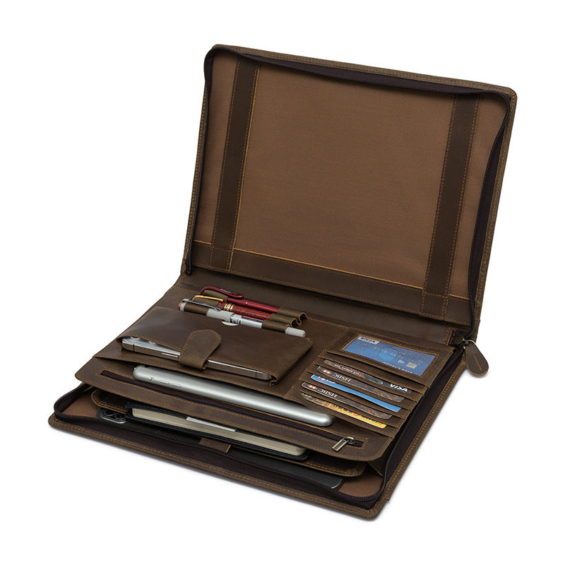 Vintage Crazy Horse Leather Storage Folder – Zipper Closure, Multifunctional Organizer for 12.9-Inch Tablet & Documents