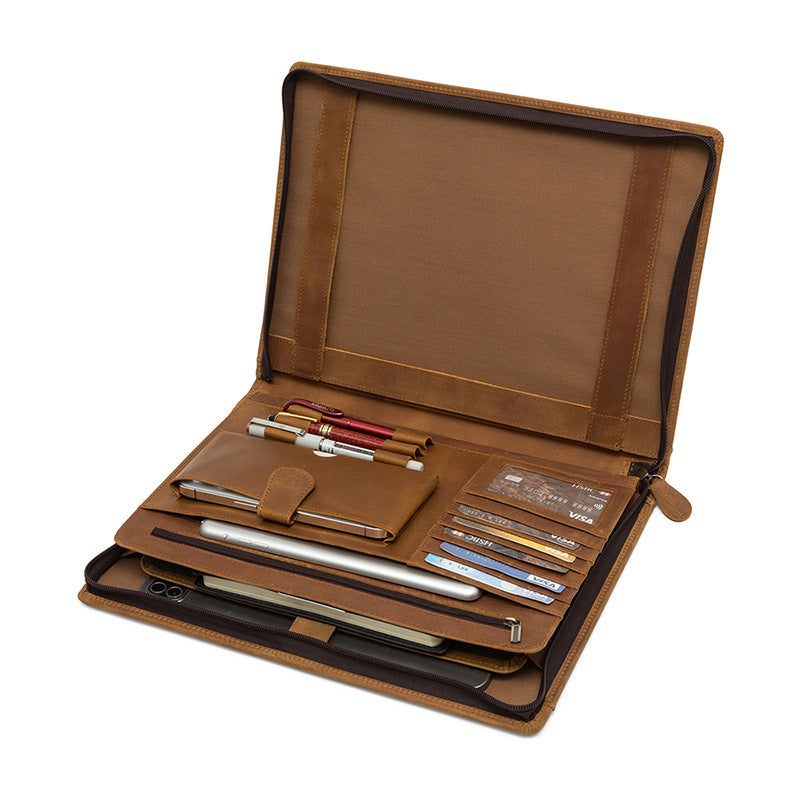 Vintage Crazy Horse Leather Storage Folder – Zipper Closure, Multifunctional Organizer for 12.9-Inch Tablet & Documents