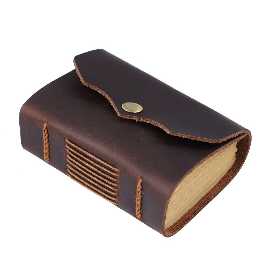 Vintage Handmade Full-Grain Leather Pocket Note Book – Mini Journal with Snap Closure