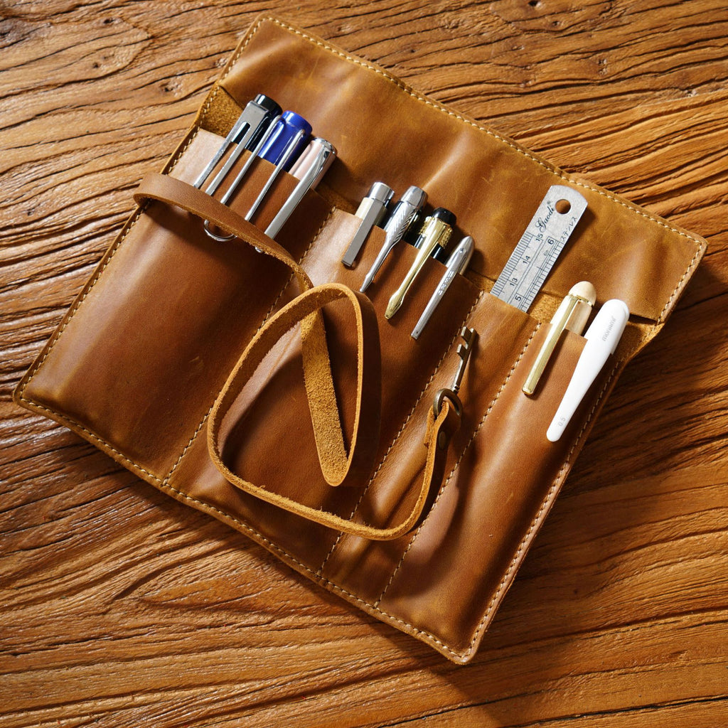 Vintage Leather Roll-Up Pencil Case – Multi-Slot Storage Wrap for Pens, Pencils, and Art Tools
