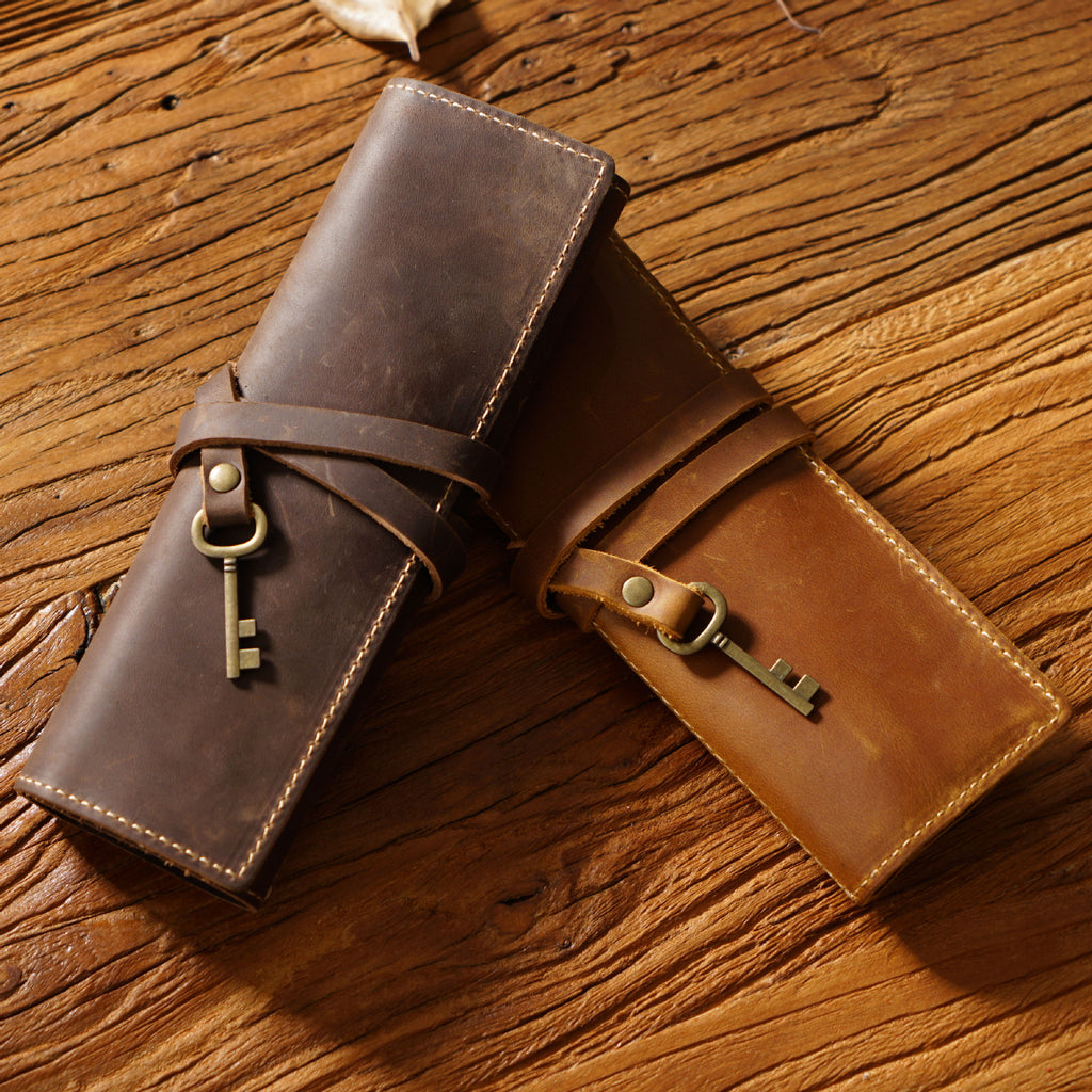 Vintage Leather Roll-Up Pencil Case – Multi-Slot Storage Wrap for Pens, Pencils, and Art Tools