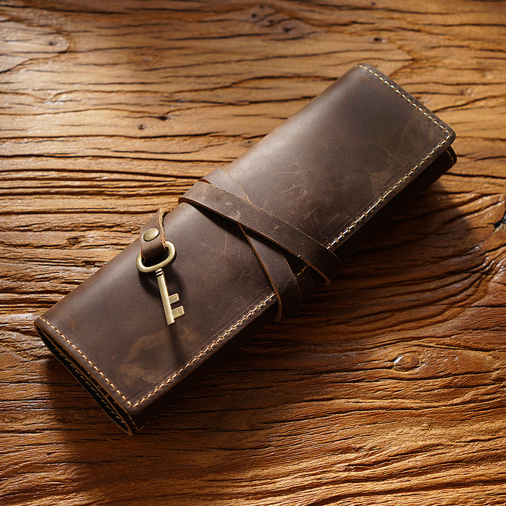 Vintage Leather Roll-Up Pencil Case – Multi-Slot Storage Wrap for Pens, Pencils, and Art Tools