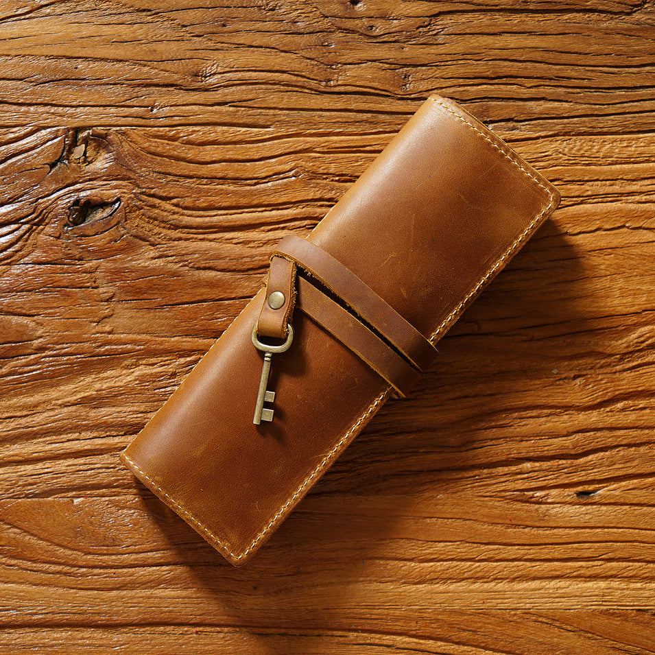 Vintage Leather Roll-Up Pencil Case – Multi-Slot Storage Wrap for Pens, Pencils, and Art Tools