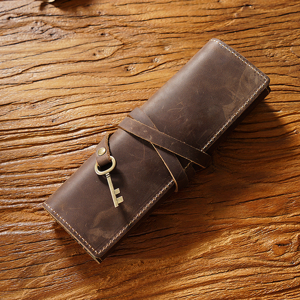 Vintage Leather Roll-Up Pencil Case – Multi-Slot Storage Wrap for Pens, Pencils, and Art Tools
