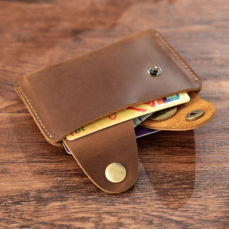 Vintage Crazy Horse Leather Card Holder – Handmade Minimalist Wallet with Snap Closure for Cards & Coins