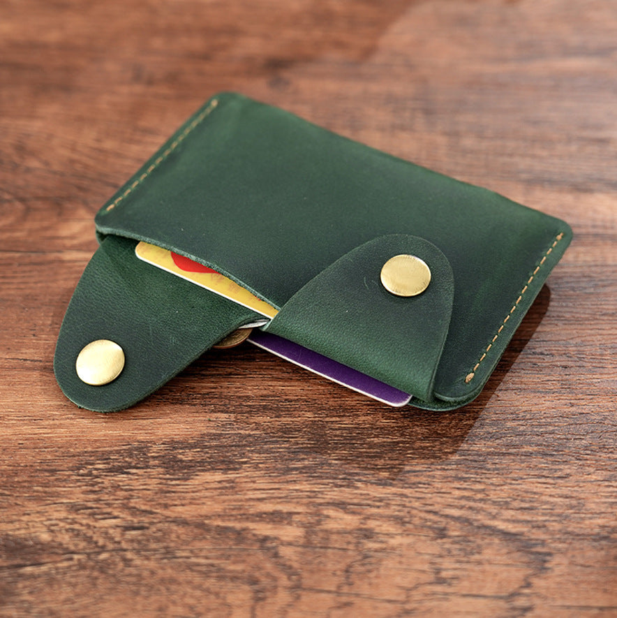 Vintage Crazy Horse Leather Card Holder – Handmade Minimalist Wallet with Snap Closure for Cards & Coins