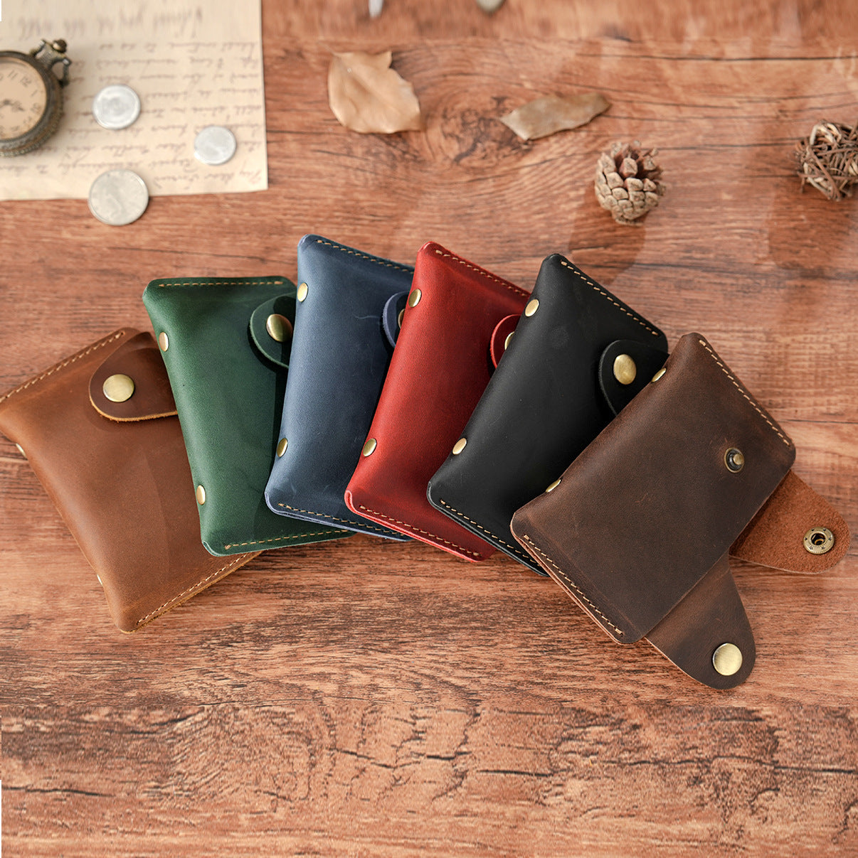 Vintage Crazy Horse Leather Card Holder – Handmade Minimalist Wallet with Snap Closure for Cards & Coins