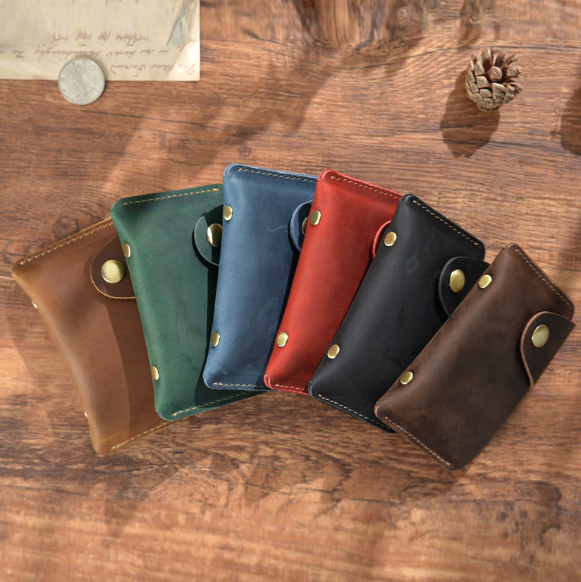 Vintage Crazy Horse Leather Card Holder – Handmade Minimalist Wallet with Snap Closure for Cards & Coins