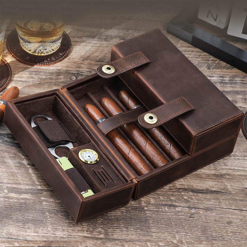 Vintage Crazy Horse Leather Cigar Storage Box – Portable Flip Cover with Buckle & Compartments