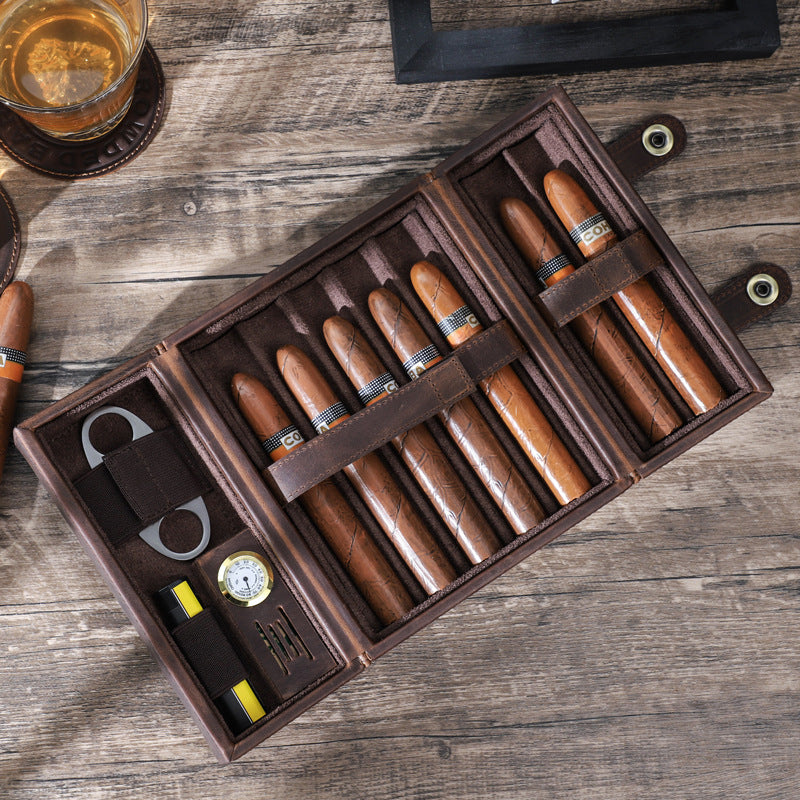 Vintage Crazy Horse Leather Cigar Storage Box – Portable Flip Cover with Buckle & Compartments