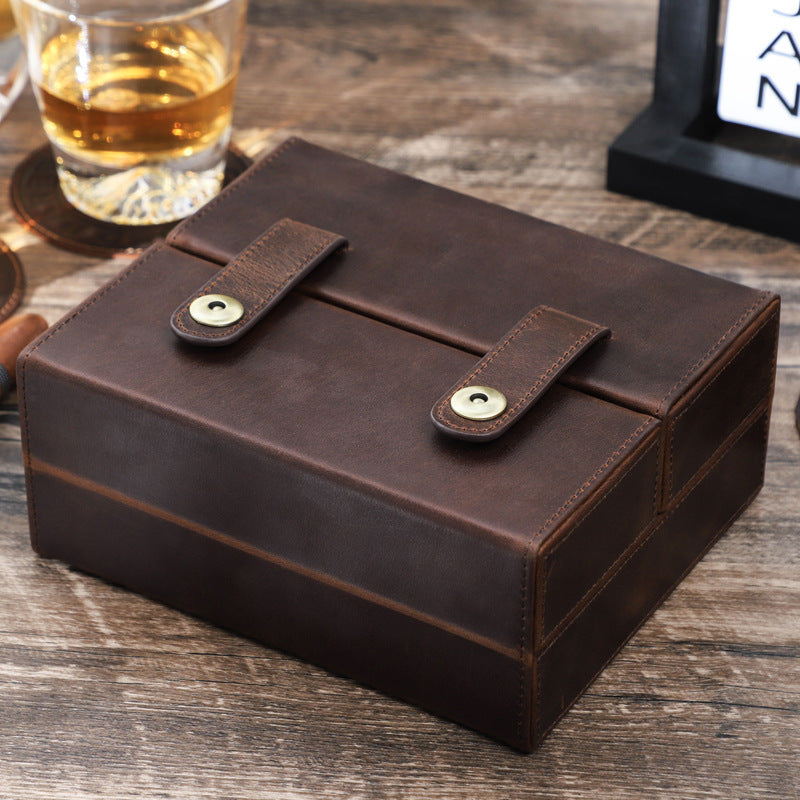 Vintage Crazy Horse Leather Cigar Storage Box – Portable Flip Cover with Buckle & Compartments