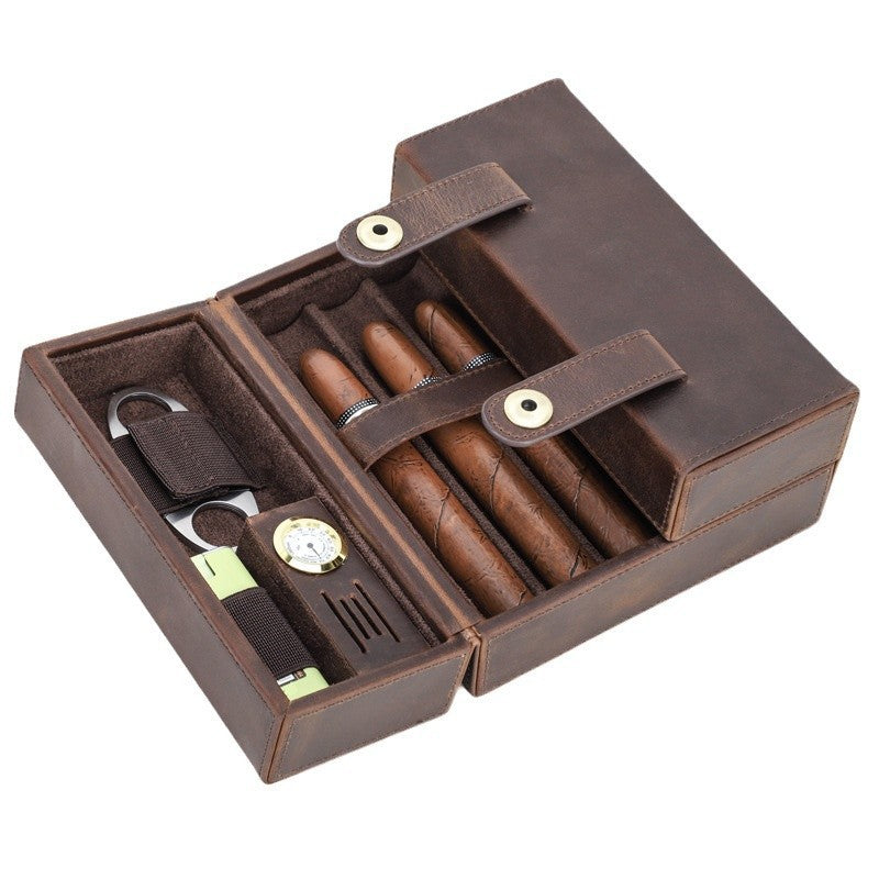 Vintage Crazy Horse Leather Cigar Storage Box – Portable Flip Cover with Buckle & Compartments